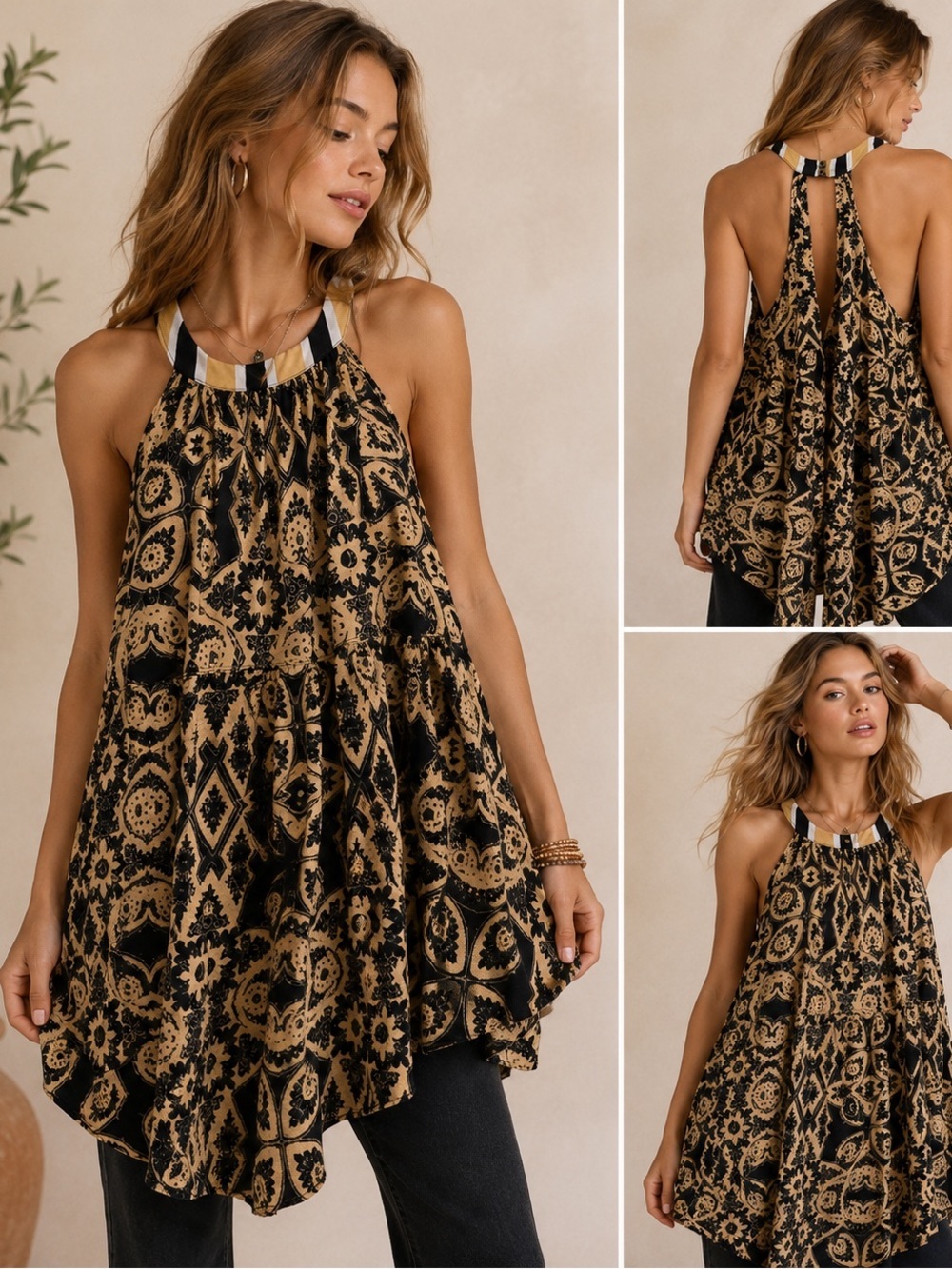 NWT Free People Black Combo Printed Swing Tunic Dress Size Small Boho